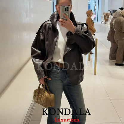 KONDALA Casual Chic Black Leather Jackets Women Long Sleeve Buttons Elastic Oversized Coats Fashion 2026 Spring Streetwear Coats