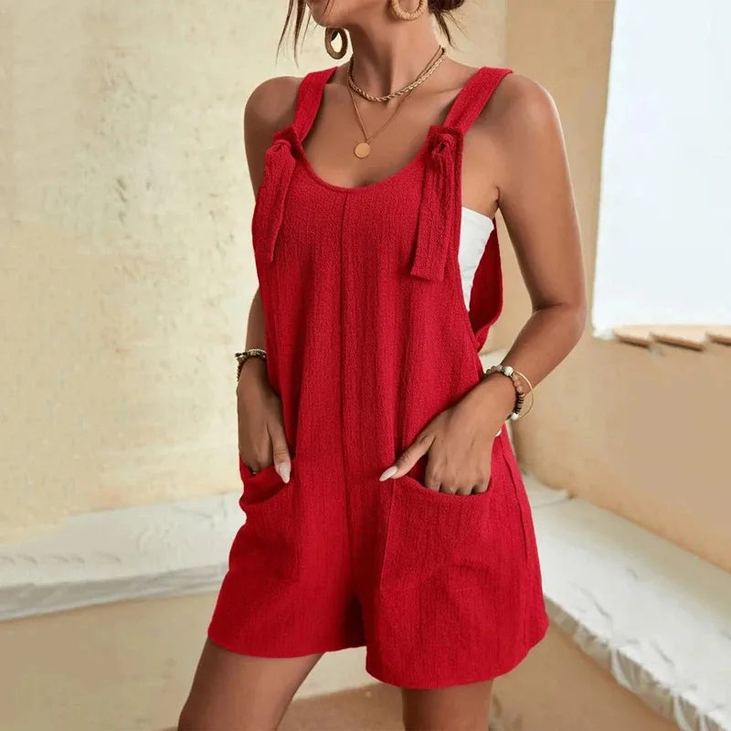 Damen Freizeit Sommer Kurze Playsuits Locker Overall Einfarbig Ärmellos Schnürung Weites Bein Hosen Tiefer Knoten Träger Jumpsuits mit Taschen