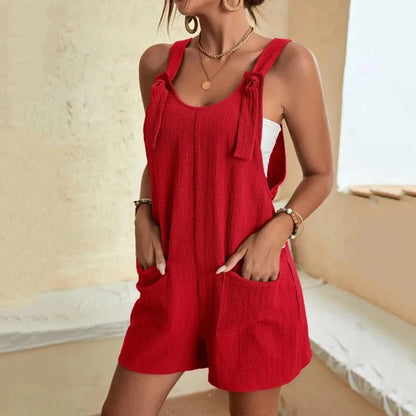 Damen Freizeit Sommer Kurze Playsuits Locker Overall Einfarbig Ärmellos Schnürung Weites Bein Hosen Tiefer Knoten Träger Jumpsuits mit Taschen