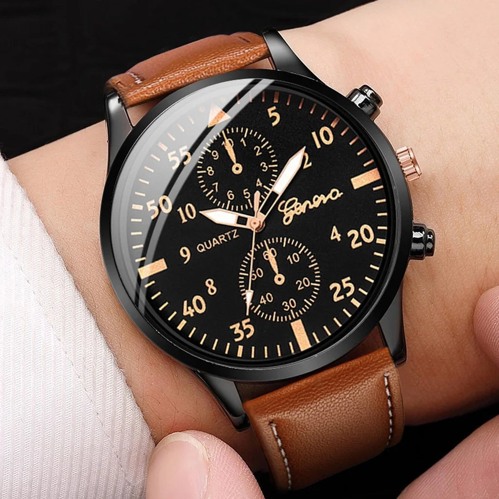 4TEILE/Set Herren Business-Armbanduhren Mode Arabisches Zifferblatt Lederband Quarzuhren Vintage Armbänder Set (Ohne Box)