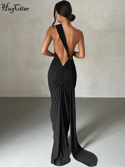 Hugcitar One Shoulder Backless Adjustable Scarf Loop Rüschen Sexy Maxikleid Damen Elegant Y2K Streetwear Festival Outfit