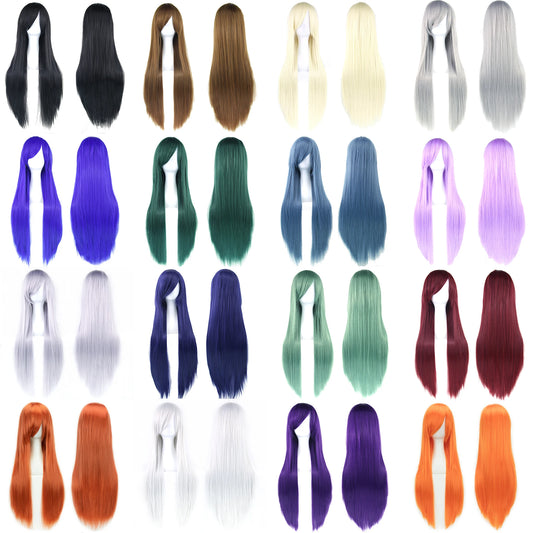Soowee 80 cm lange Kunsthaarperücke, weiß-violett, Cosplay, Party, schwarze, glatte Perücke, Haarteil für Frauen