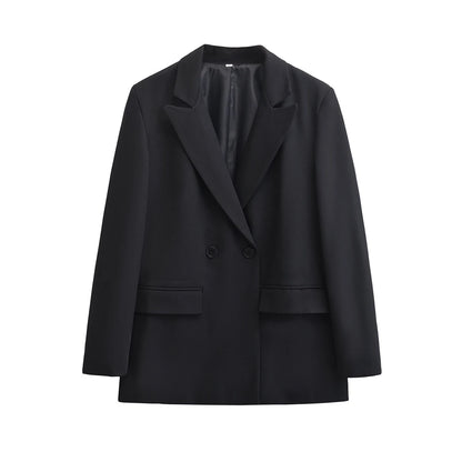 Women's Double Breasted Office Wear Blazer Coat, Long Sleeve, Flap Pockets, Female Outerwear, Chic Tops, Fashion