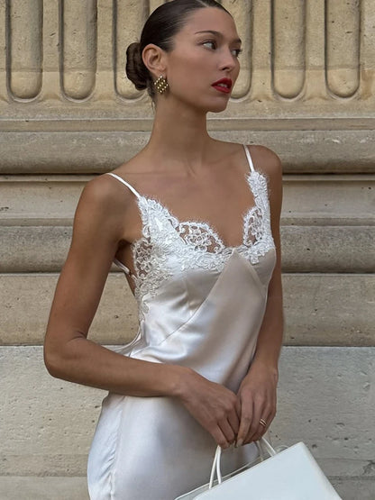 Lace Patchwork Sling Maxi Dress Women Sexy Solid V-neck Sleeveless Backless Satin Slim Long Gown Lady Chic Evening Party Dresses