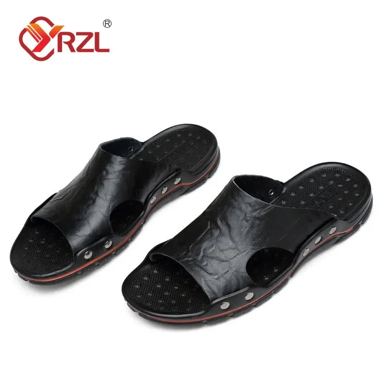 YRZL Sandalen Herren Leder Klassische Sommer Herren Hausschuhe Weiche Schwarze Hausschuhe PU-Leder Hausschuhe Leichte EVA-Slides für Herren
