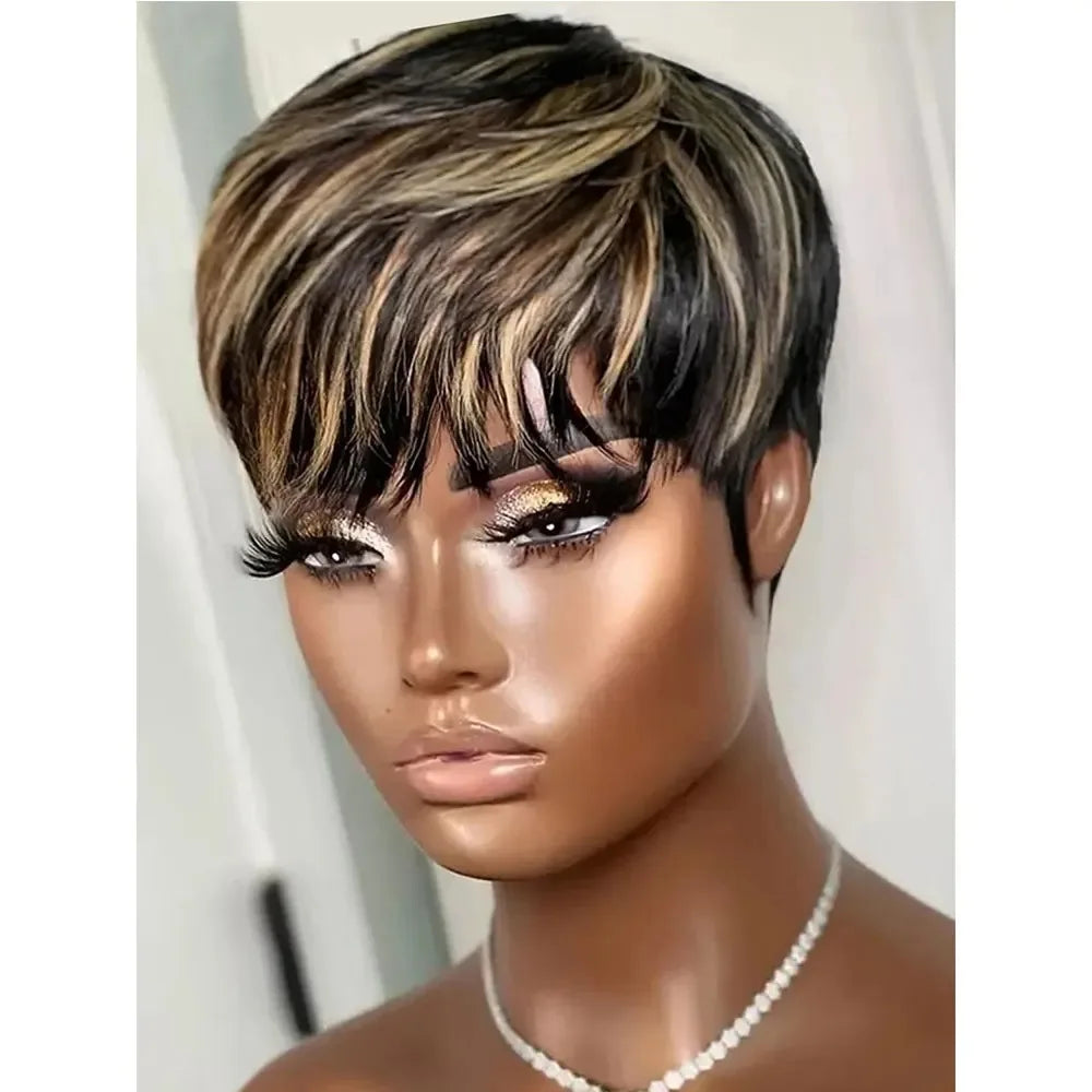 Newmi Pixie Cut Wig Human Hair Wigs Full Machine Wigs Brazilian 100% Human Hair Short Wigs with Bangs for Women Natural Black