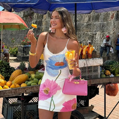 Sexy Minikleid Damen Sommer Neu Weiß Mode Rundhals Streetwear Print Ärmelloses Kleid Neckholder Rückenfrei Lässiges Schlankes Elegantes Kleid