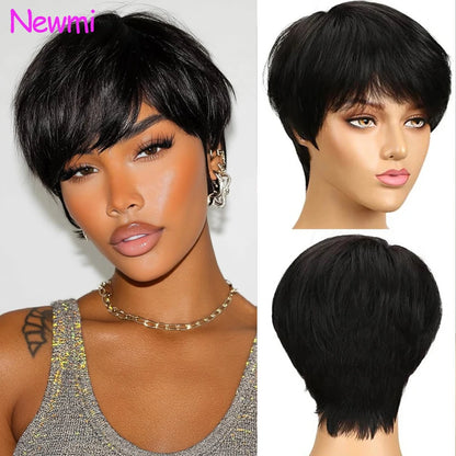 Newmi Pixie Cut Wig Human Hair Wigs Full Machine Wigs Brazilian 100% Human Hair Short Wigs with Bangs for Women Natural Black