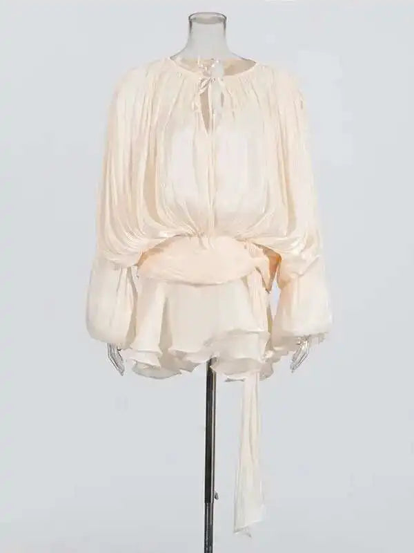 TWOTWINSTYLE Solid Bluse Minikleider für Frauen V-Ausschnitt Langarm Gespleißt Geschnürt Süßer Stil Kleid Weibliche Kleidung Mode
