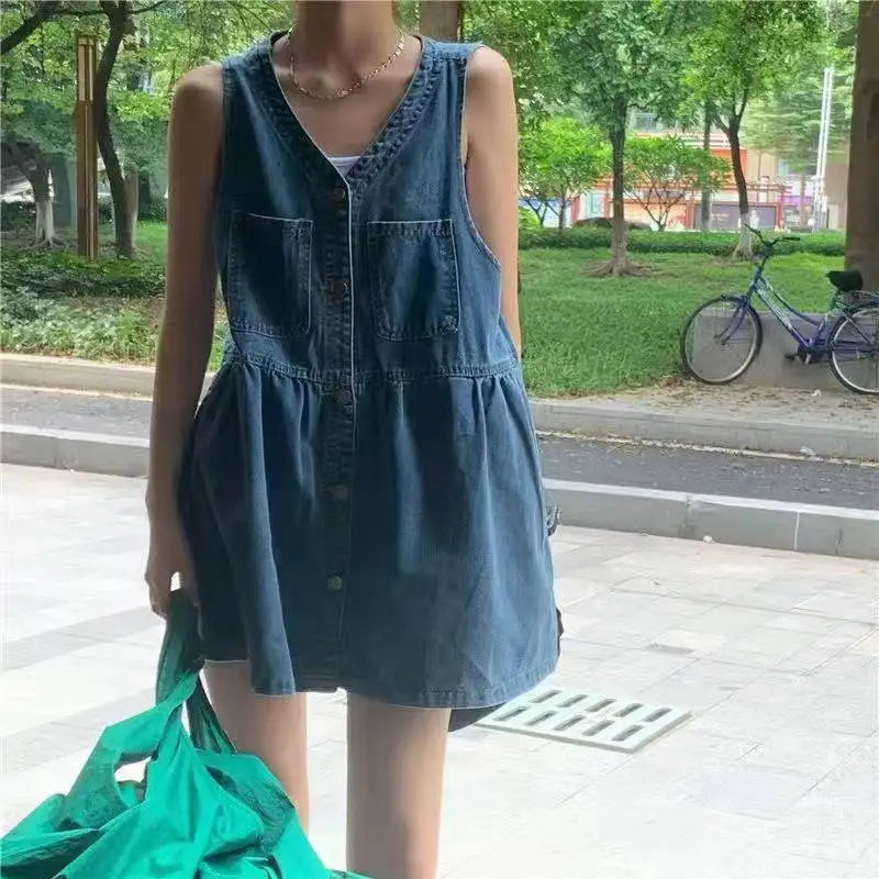 Ärmelloses Trägerkleid Damen Sommer Einreihige Taschen Jeanskleider Damen Koreanischer Stil Lockeres A-Linien Minikleid