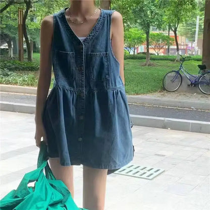 Ärmelloses Trägerkleid Damen Sommer Einreihige Taschen Jeanskleider Damen Koreanischer Stil Lockeres A-Linien Minikleid