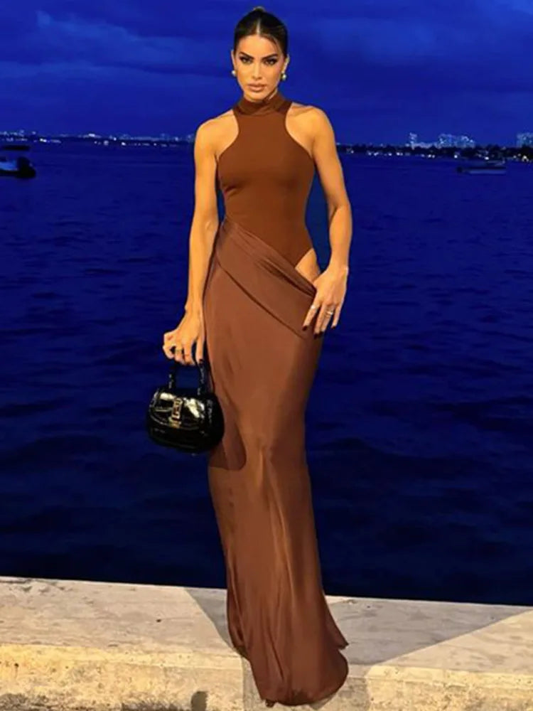 JULISSA MO Satin Sexy Hollow Out Damen Maxikleid Schwarz Ärmellos High Waist Kleid Female Herbst Skinny Elegant Party Clubwear