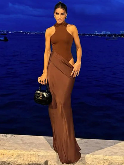 JULISSA MO Satin Sexy Hollow Out Damen Maxikleid Schwarz Ärmellos High Waist Kleid Female Herbst Skinny Elegant Party Clubwear