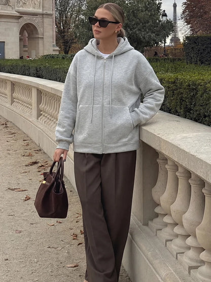 HH 2025 Casual Women's Soild Zipper Hoodie Long Sleeve Big Pocket Zipper Jacket With Hood Female Loose Outerwear Coat Tops