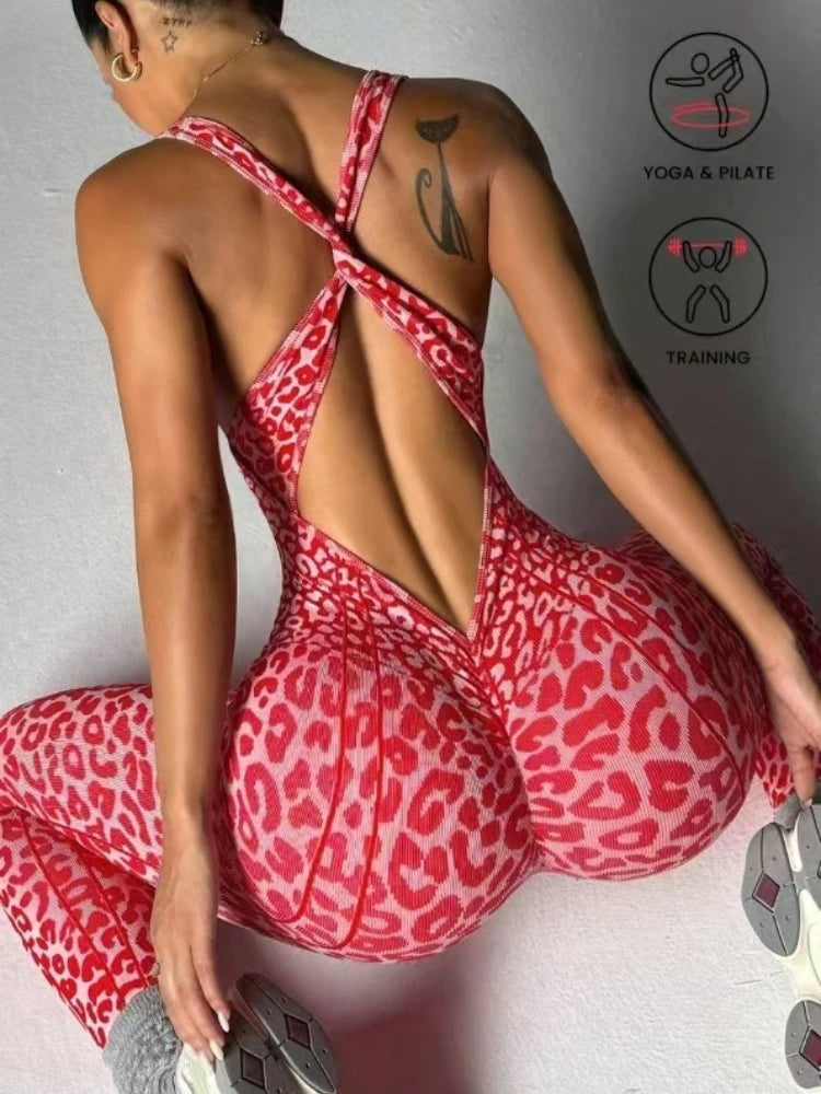 Sexy Leopard Print Sport-Jumpsuits für Damen V-Ausschnitt Rückfrei Yoga Bodysuit Weiblich Ärmellos Eng Gym Laufen Fitness Overalls