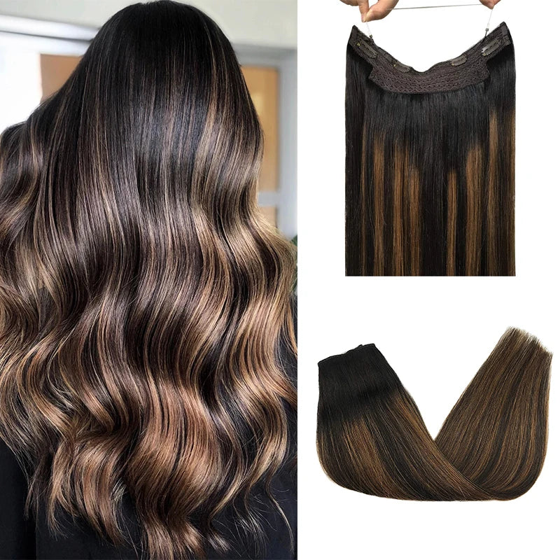 Sunmofavo Wire in Hair Extensions Human Hair Straight Fish Line Natural Fusion with 4 Clips Weft Hair Extensions For Women Daily