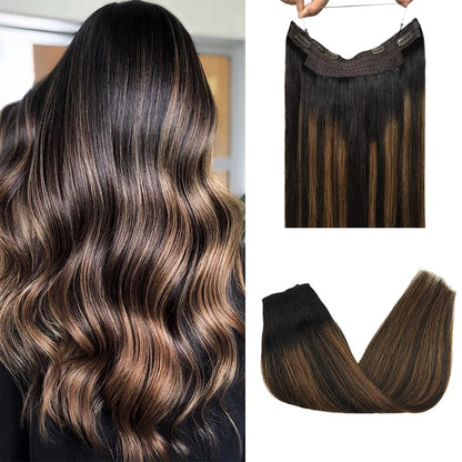Sunmofavo Wire in Hair Extensions Human Hair Straight Fish Line Natural Fusion with 4 Clips Weft Hair Extensions For Women Daily
