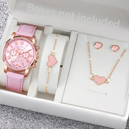 5/6 Stück modische Damen-Quarzuhren mit Lederarmband, analoge Armbanduhren, Herz-Strass-Schmuckset (ohne Box)