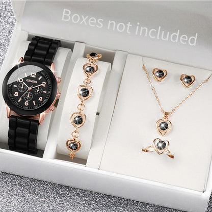 5/6PCS Damenarmbanduhren Mode Silikonarmband Damen Quarzuhr Schmuckset Reloj Mujer Mädchenuhr Geschenk (Ohne Box)