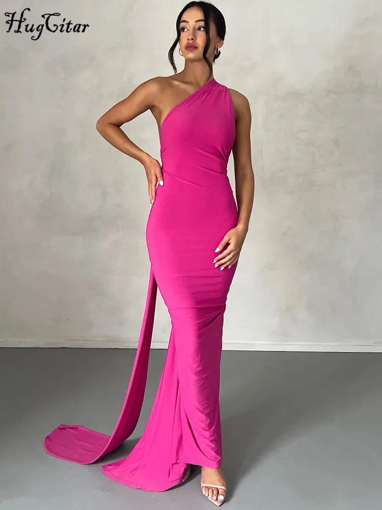 Hugcitar One Shoulder Backless Adjustable Scarf Loop Rüschen Sexy Maxikleid Damen Elegant Y2K Streetwear Festival Outfit