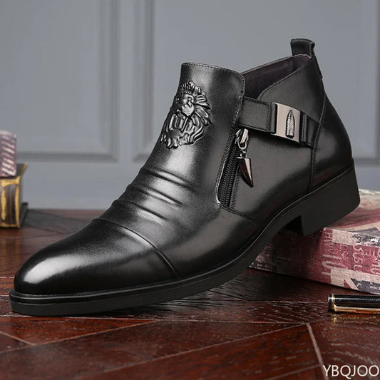 Winter Herren Elegante Stiefeletten Knöchelhohe Rutschfeste Lederschuhe Britischer Reißverschluss Schwarze Ritterstiefel Spitz Punk Plateau Herrenstiefeletten Botas