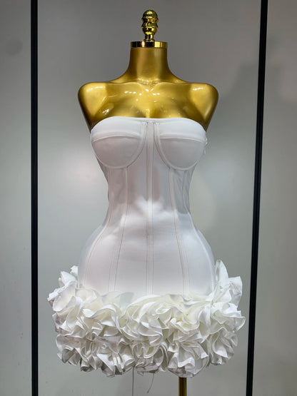 Women Sexy Strapless Backless Flower Embellished Mini Bandage Dress Bodycon Celebrity Party Cocktail Evening Party Club Dresses