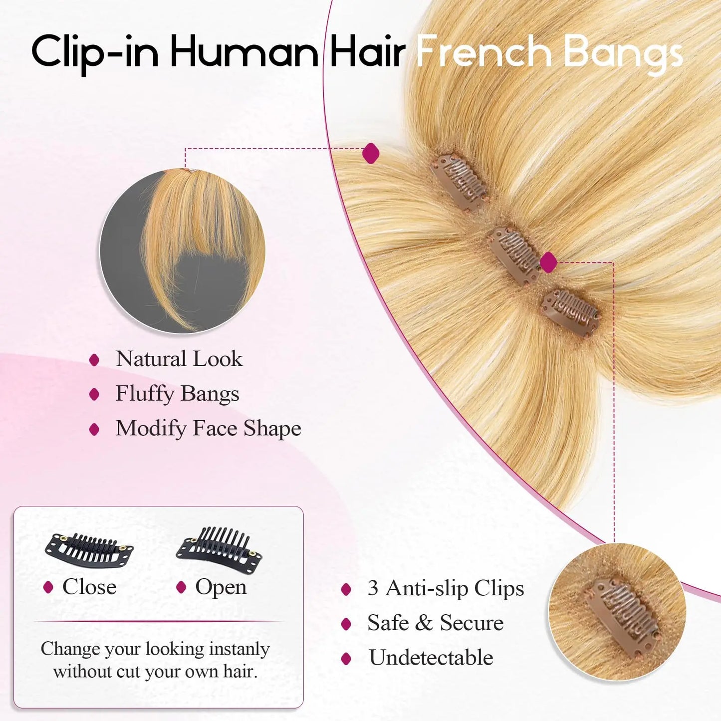 100% Human Hair Blonde Bangs Clips in Air Fringe Bangs Hairpiece for Women Platinum Human Hair Bangs Hair Extension 4.5inch