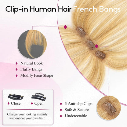 100% Human Hair Blonde Bangs Clips in Air Fringe Bangs Hairpiece for Women Platinum Human Hair Bangs Hair Extension 4.5inch