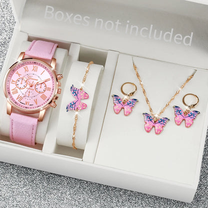 5/6 Stück modische Damen-Quarzuhren mit Lederarmband, analoge Armbanduhren, Herz-Strass-Schmuckset (ohne Box)