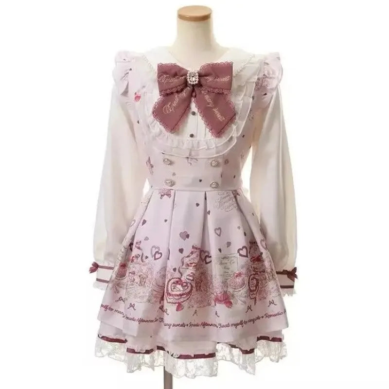 Japanese Gothic Lolita Dress Set Women Harajuku Y2k Bow Lace Ruffles Collar Mini Dresses Female Elegant Party Cute Dress