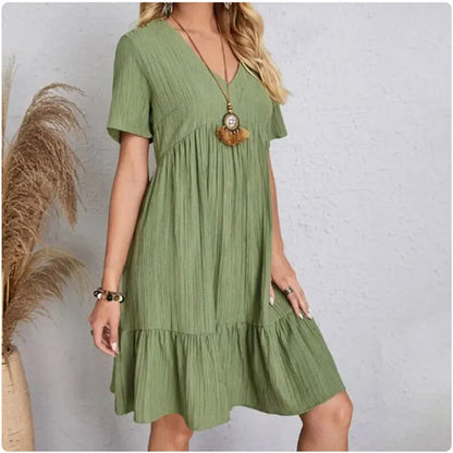 Damen Sommer Peplum Kleider Frühling V-Ausschnitt Kurzarm lockere Taille Rüschen A-Linie Urlaubs-Kleider