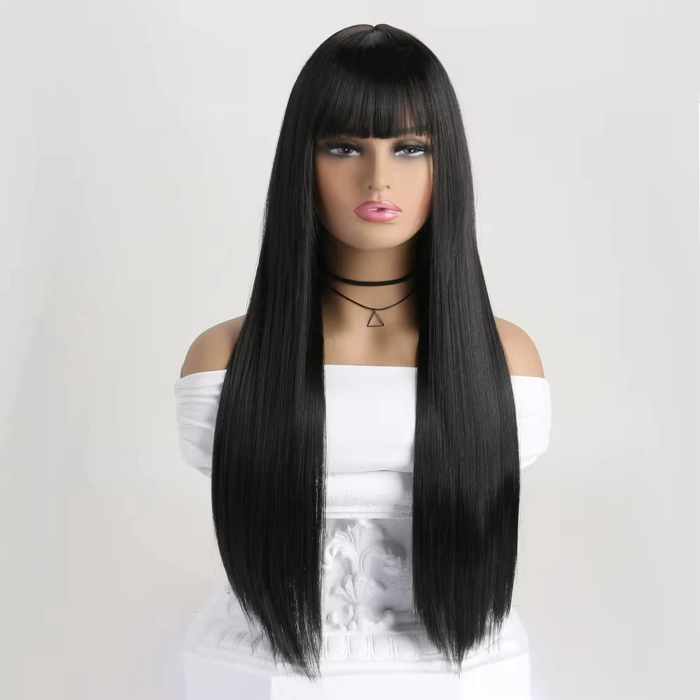 Best-selling 26-inch synthetic wig for long straight hair for Halloween cosplay, daily use wig, high-temperature hair accessory