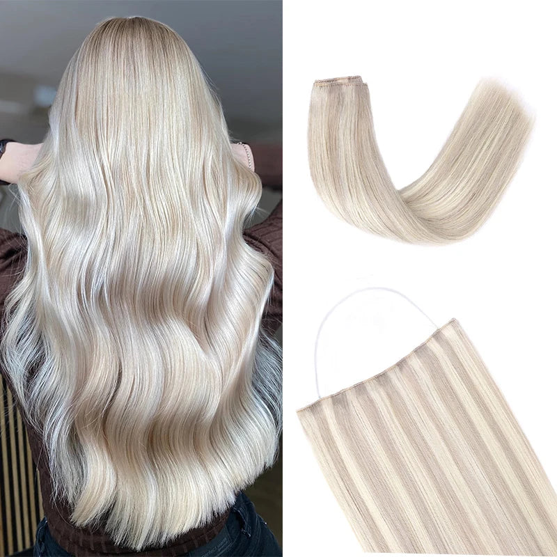 Sunmofavo Wire in Hair Extensions Human Hair Straight Fish Line Natural Fusion with 4 Clips Weft Hair Extensions For Women Daily