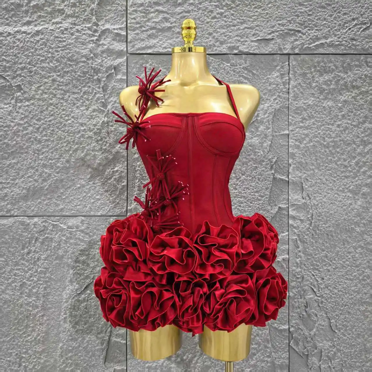 Rotes Damen Sexy Neckholder Komplett Blumenmuster 2-Teiler Bodycon Mini Bandage Kleid zum Feiern, für Nachtclubs, Partys, Geburtstage