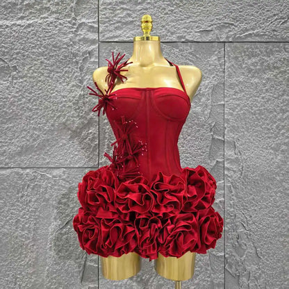 Rotes Damen Sexy Neckholder Komplett Blumenmuster 2-Teiler Bodycon Mini Bandage Kleid zum Feiern, für Nachtclubs, Partys, Geburtstage