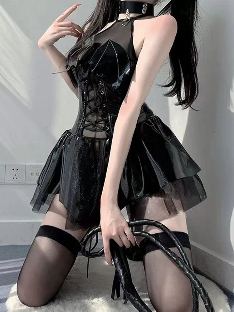 Sexy Cosplay PU-Kleid Damen Harajuku Streetwear Grunge Bandage Hollow Out Bats Dress Punk Y2k E-Girl Mall Gothic Kleidung