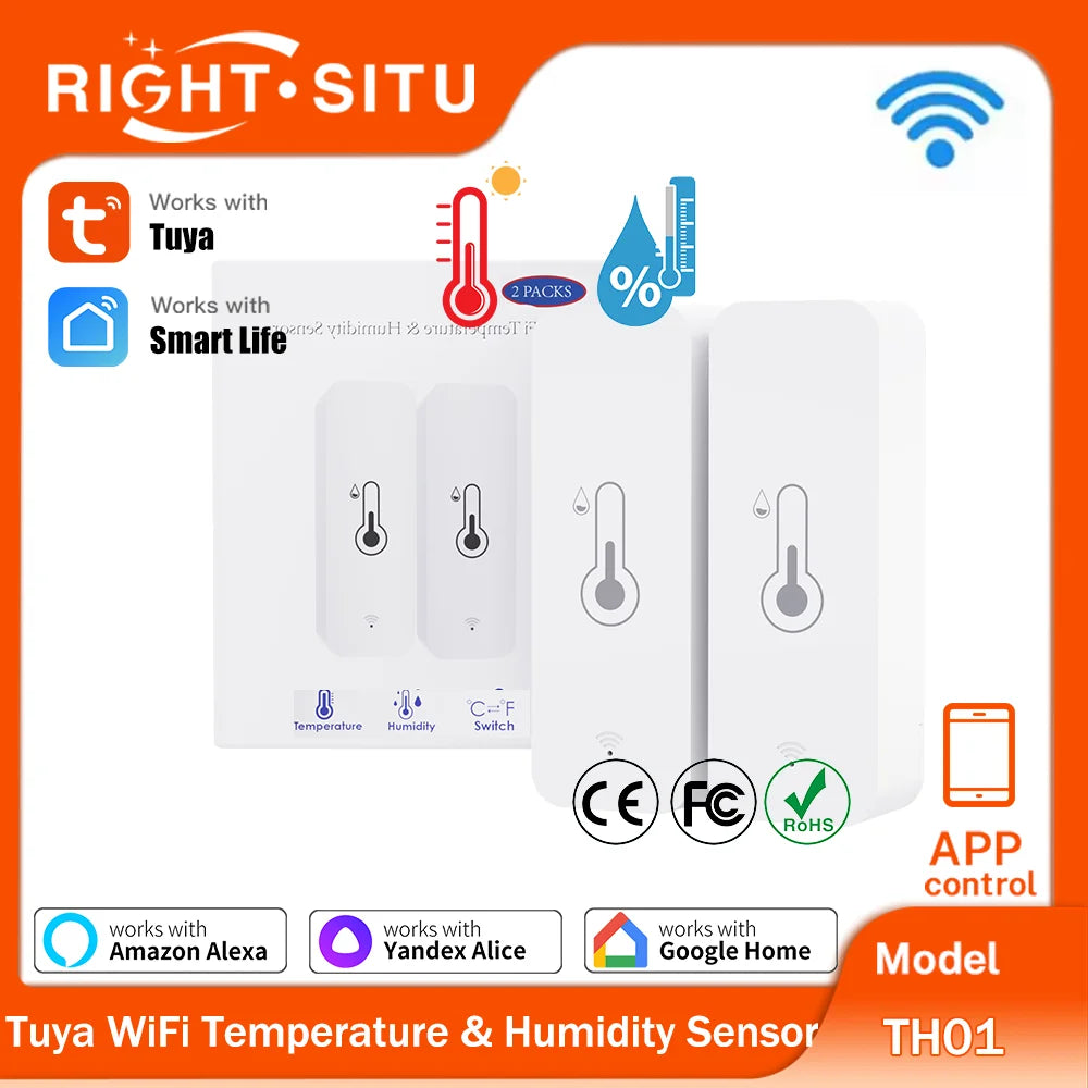 Tuya WLAN Temperatur-Feuchtigkeitssensor für Smart Home 2ER-PACK RightSitu APP Fernbedienung funktioniert mit SmartLife Yandex Alexa