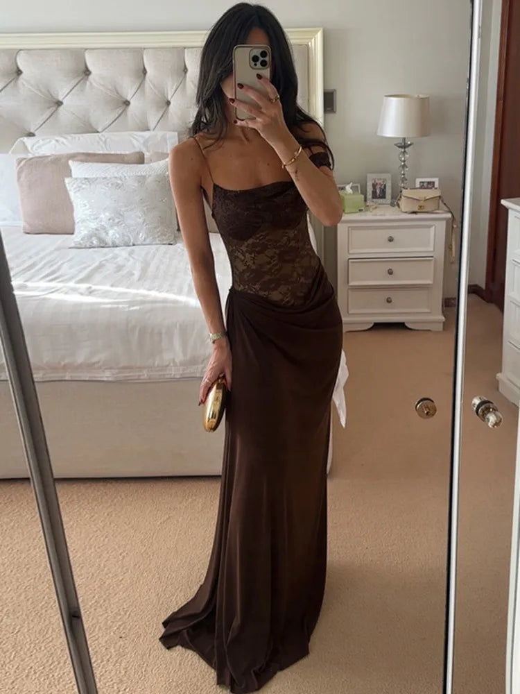 Mozision One Shoulder Spitzenkleid transparent Sexy Maxikleid Damen Abendkleid Mode Off-Shoulder Ärmellos Rückenfrei Club Lange Kleider