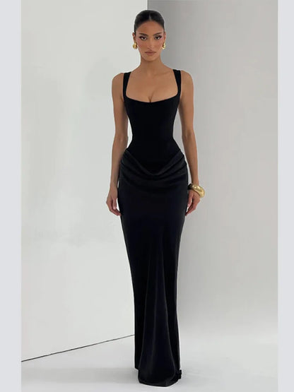 Women Brown Pleated Sling Maxi Dress Square Neck Sleeveless Off-shoulder Waist Cinching Slim Dresses Fashion Evening Party Gowns