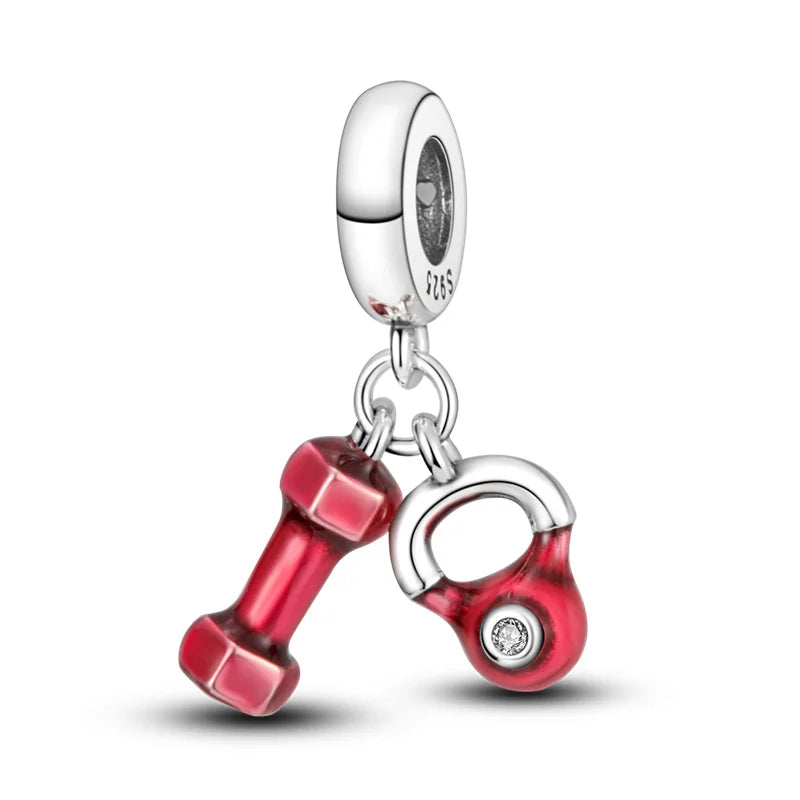 Original 925 Sterling Silber Rote Charm Perlen Rotwein Chili Hantel Anhänger für Frauen Passend für DIY Armband Geburtstag Schmuck Geschenk