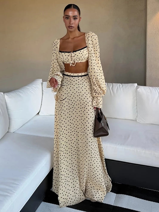 Polka Dot Puff Sleeve Crop Top & Maxi Skirt Set Square Neck Tie-Front 2026 Spring Summer Chic Romantic Women Vacation Vestido