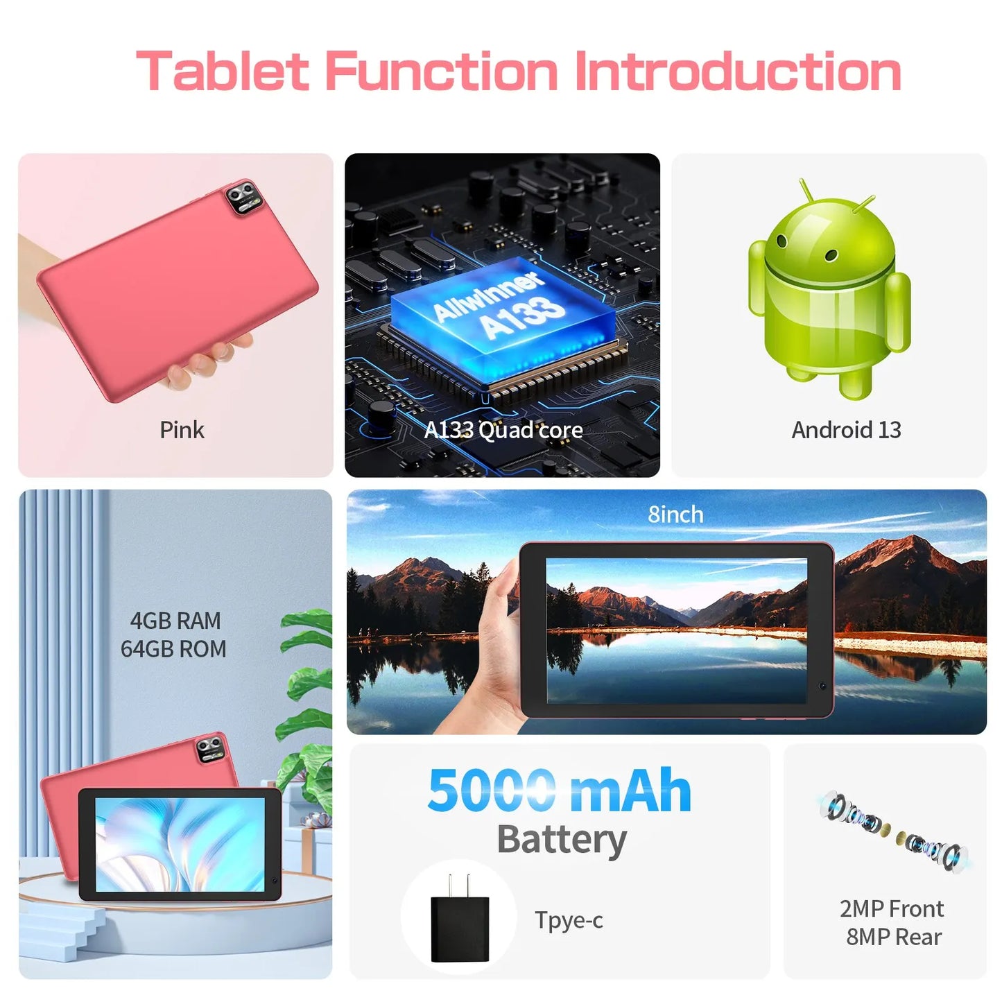 PRITOM 8 Inch Tablet Android 14 8GB(4+4 Expand) RAM 64GB ROM 1TB Expand 1280x800 IPS Screen 5000MAH Battery Dual Camera  WiFi