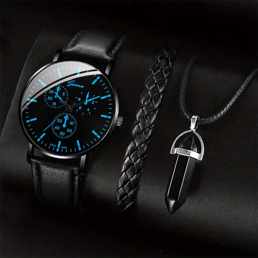 3-teiliges Set Herren Business-Uhren, lässiges Lederarmband, analoge Herren-Quarzuhr, Halsketten-Armband-Set