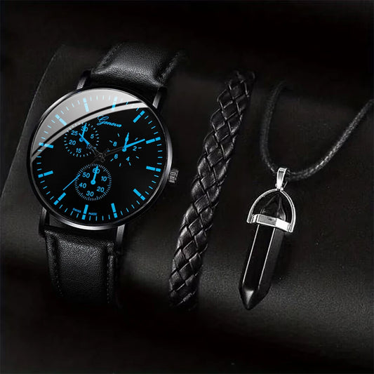 3-teiliges Set Herren Business-Uhren, lässiges Lederarmband, analoge Herren-Quarzuhr, Halsketten-Armband-Set
