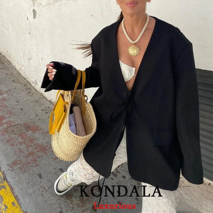 KONDALA Casual Oversized Black Blazer Women V Neck Bow Tie Pockets Loose Jackets Fashion 2025 Fall Streetwear Women Outwears