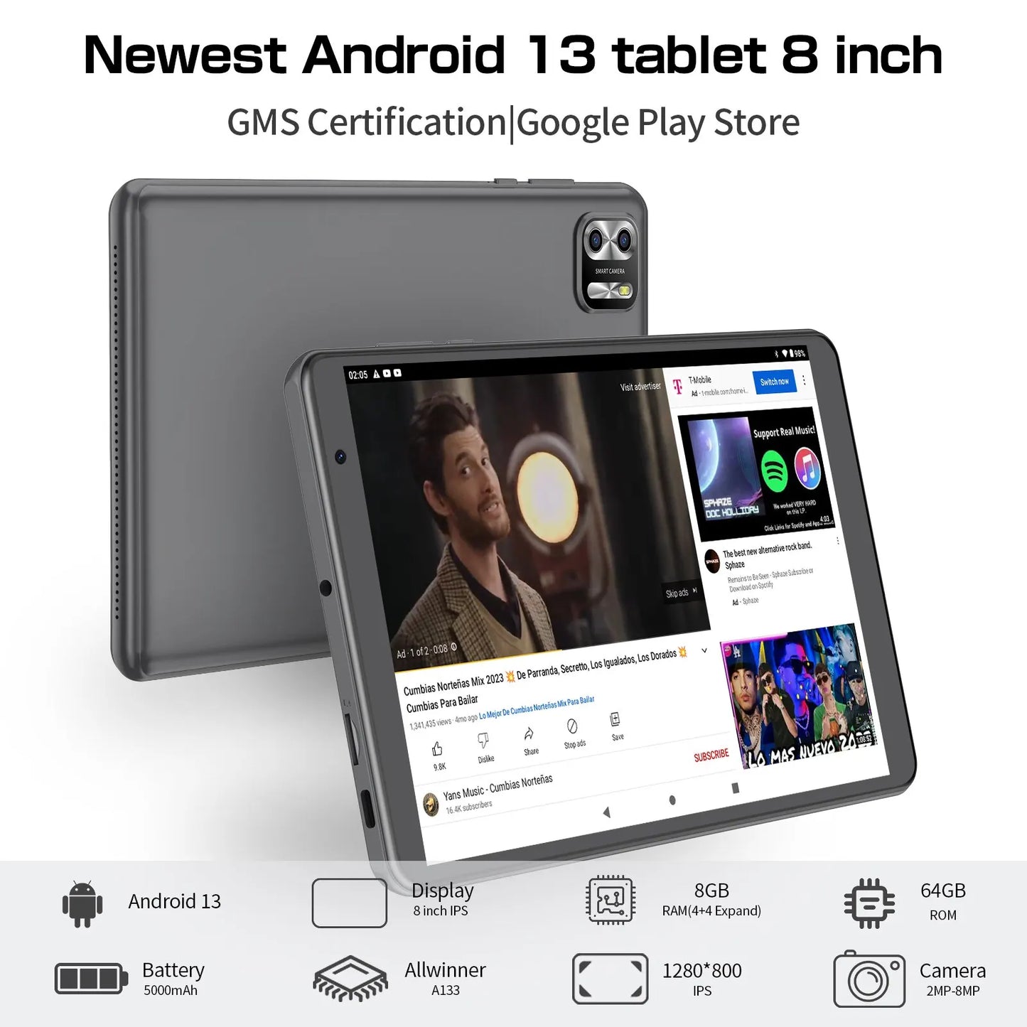 PRITOM 8 Inch Tablet Android 14 8GB(4+4 Expand) RAM 64GB ROM 1TB Expand 1280x800 IPS Screen 5000MAH Battery Dual Camera  WiFi