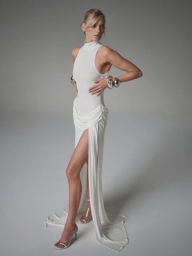 Blifanbo Rollkragen-Off-Shoulder Ärmelloses Maxikleid mit Beinschlitz Hoher Taille und Falten für Damen Eleganter Mode-Club-Party-Look