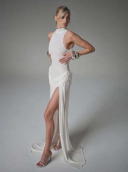 Blifanbo Rollkragen-Off-Shoulder Ärmelloses Maxikleid mit Beinschlitz Hoher Taille und Falten für Damen Eleganter Mode-Club-Party-Look