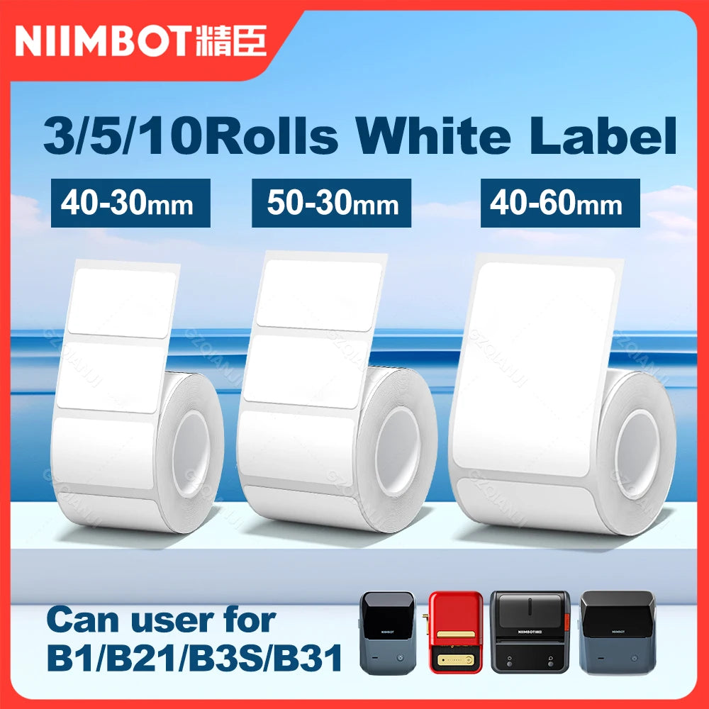 3/5/10 NiiMBOT White Label Papier wasserdichte selbstklebende Rollen für B1 B21 Mini Etikettendrucker Preisschild Büromarker UV-Druck