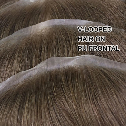 0.06mm Brown Straight Man Toupee V Style Frontal Hairline For Men 15cm Human Hair Ultra Thin Skin PU Men's Capillary Prosthesis
